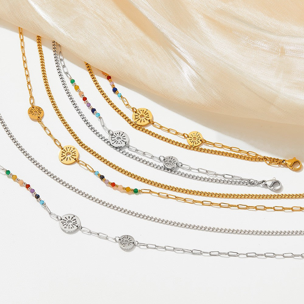 Venta al por mayor Collar chapado en oro de acero inoxidable con girasol y círculo pequeño de margaritas
